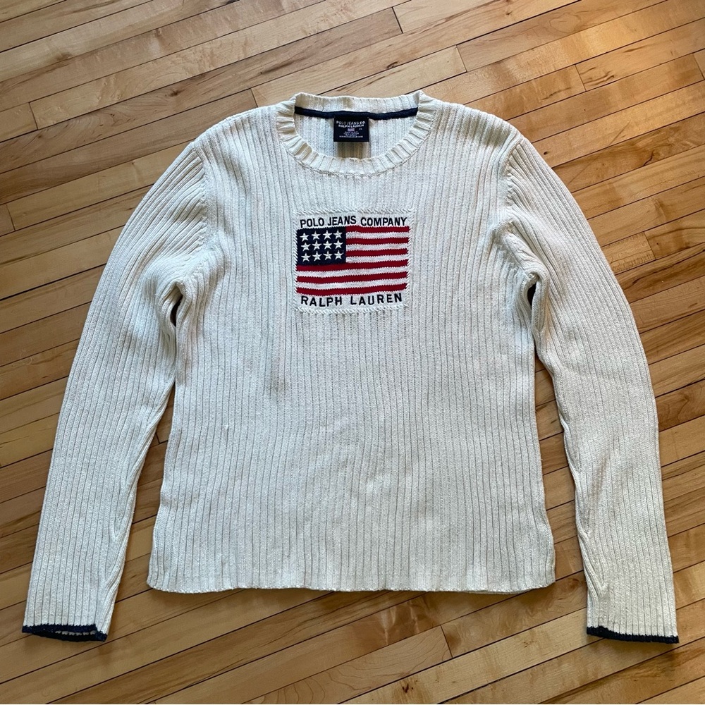 Ralph Lauren Cream Ribbed Sweater with Embroidered Flag
